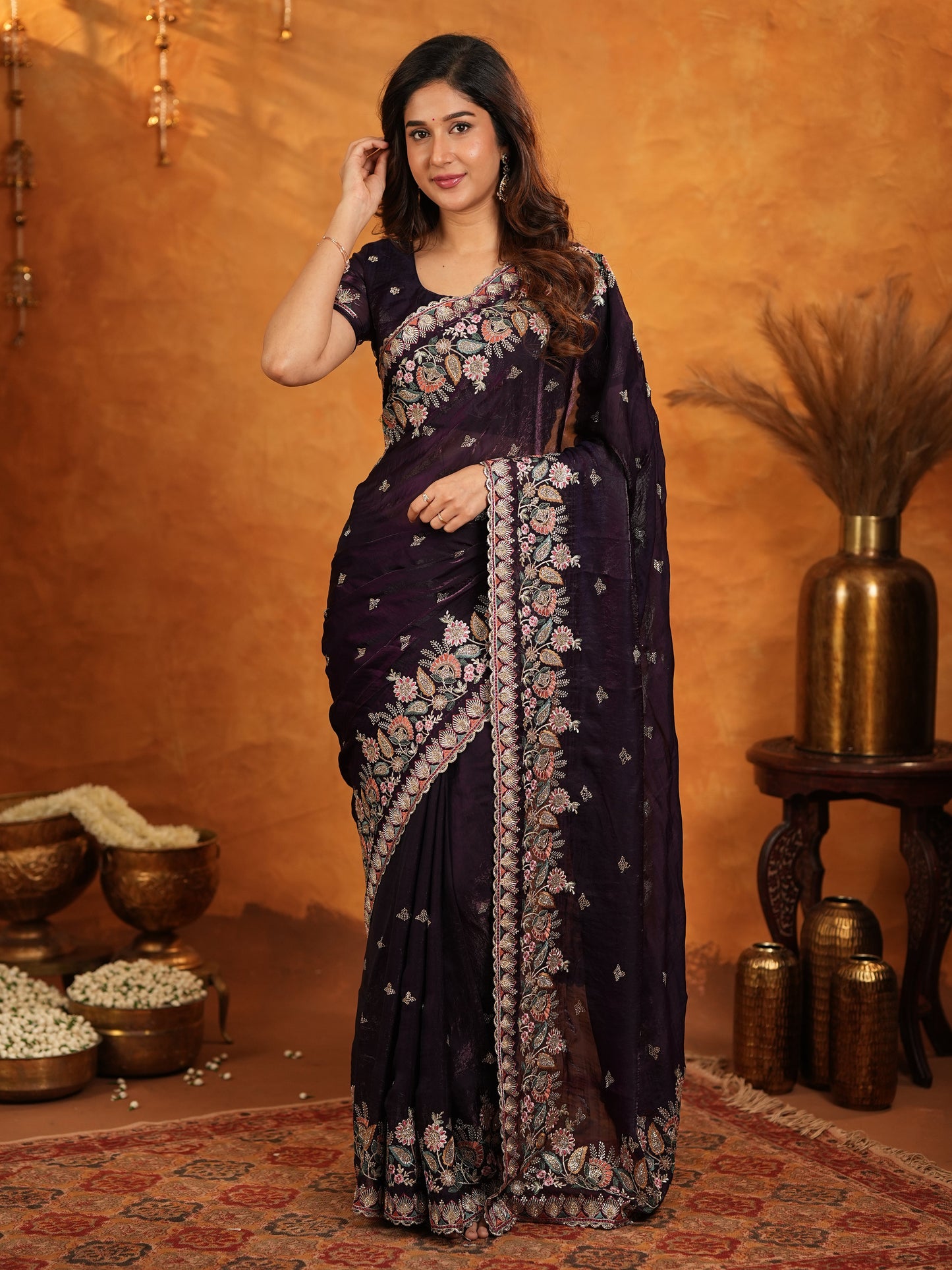 Deep Wine Purple Fendy Satin Embroidered Saree with Floral Border & Designer Pallu | Party Wear Saree with Heavy Embroidered Blouse