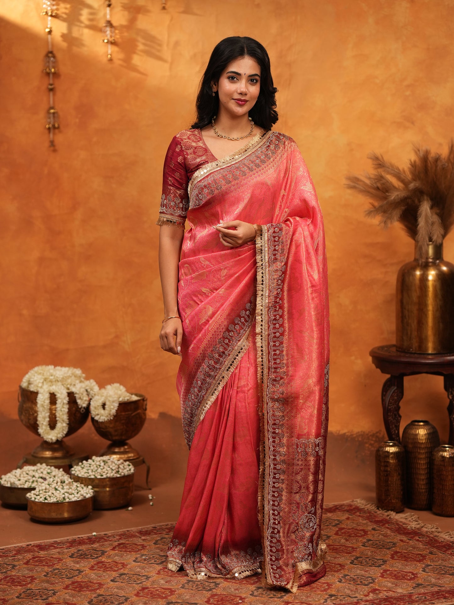 Graceful Coral Pink Banarasi Silk Saree with Rich Zari Border & Contrast Blouse | Designer Wedding & Festive Wear Saree
