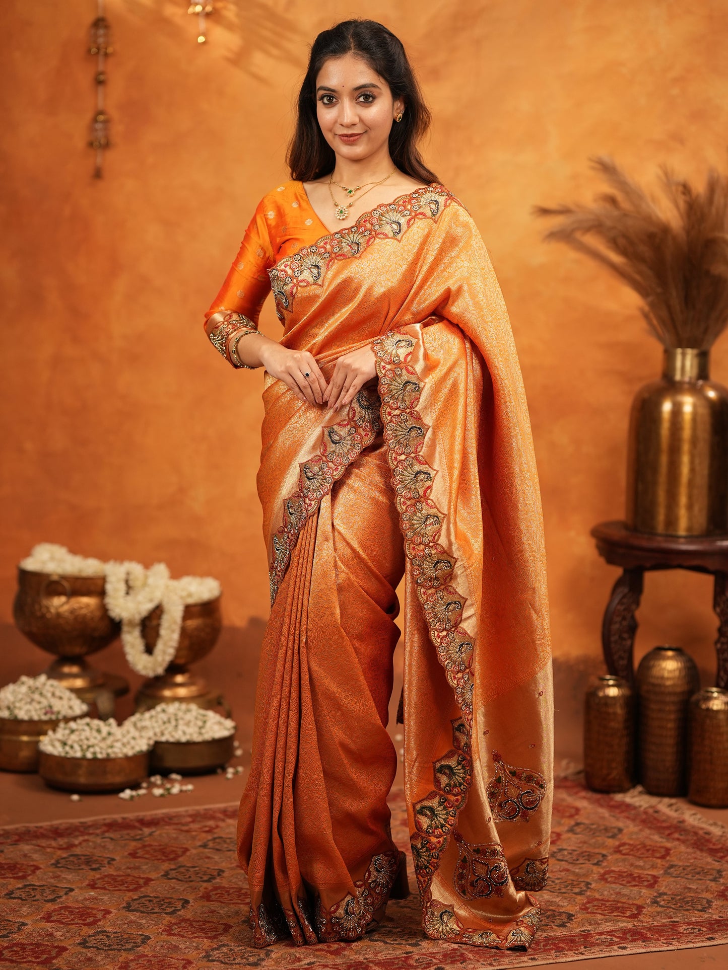 Rust Orange Banarasi Silk Embroidered Saree with Royal Floral Border & Zari Weaving | Heavy Embroidered Blouse with Tassels | Wedding & Festive Wear Saree