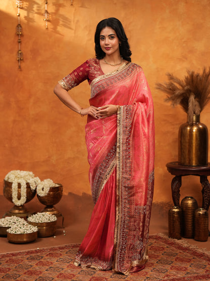 Graceful Coral Pink Banarasi Silk Saree with Rich Zari Border & Contrast Blouse | Designer Wedding & Festive Wear Saree