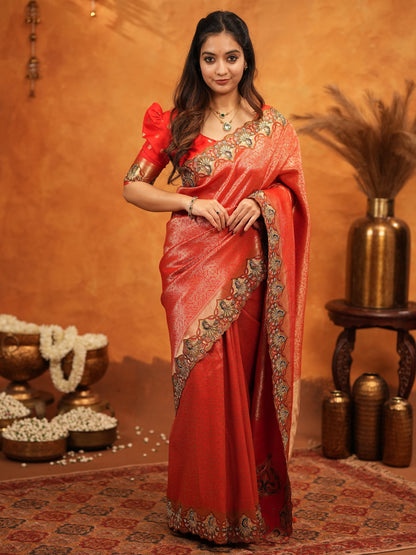 Classic Red Banarasi Silk Saree with Rich Zari Weaving & Heavy Embroidered Border | Designer Wedding Wear Saree with Blouse & Tassels
