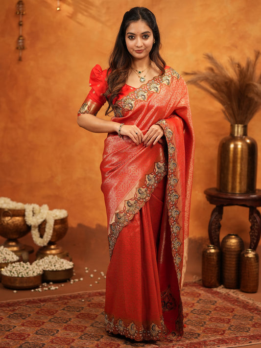 Classic Red Banarasi Silk Saree with Rich Zari Weaving & Heavy Embroidered Border | Designer Wedding Wear Saree with Blouse & Tassels