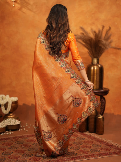 Rust Orange Banarasi Silk Embroidered Saree with Royal Floral Border & Zari Weaving | Heavy Embroidered Blouse with Tassels | Wedding & Festive Wear Saree