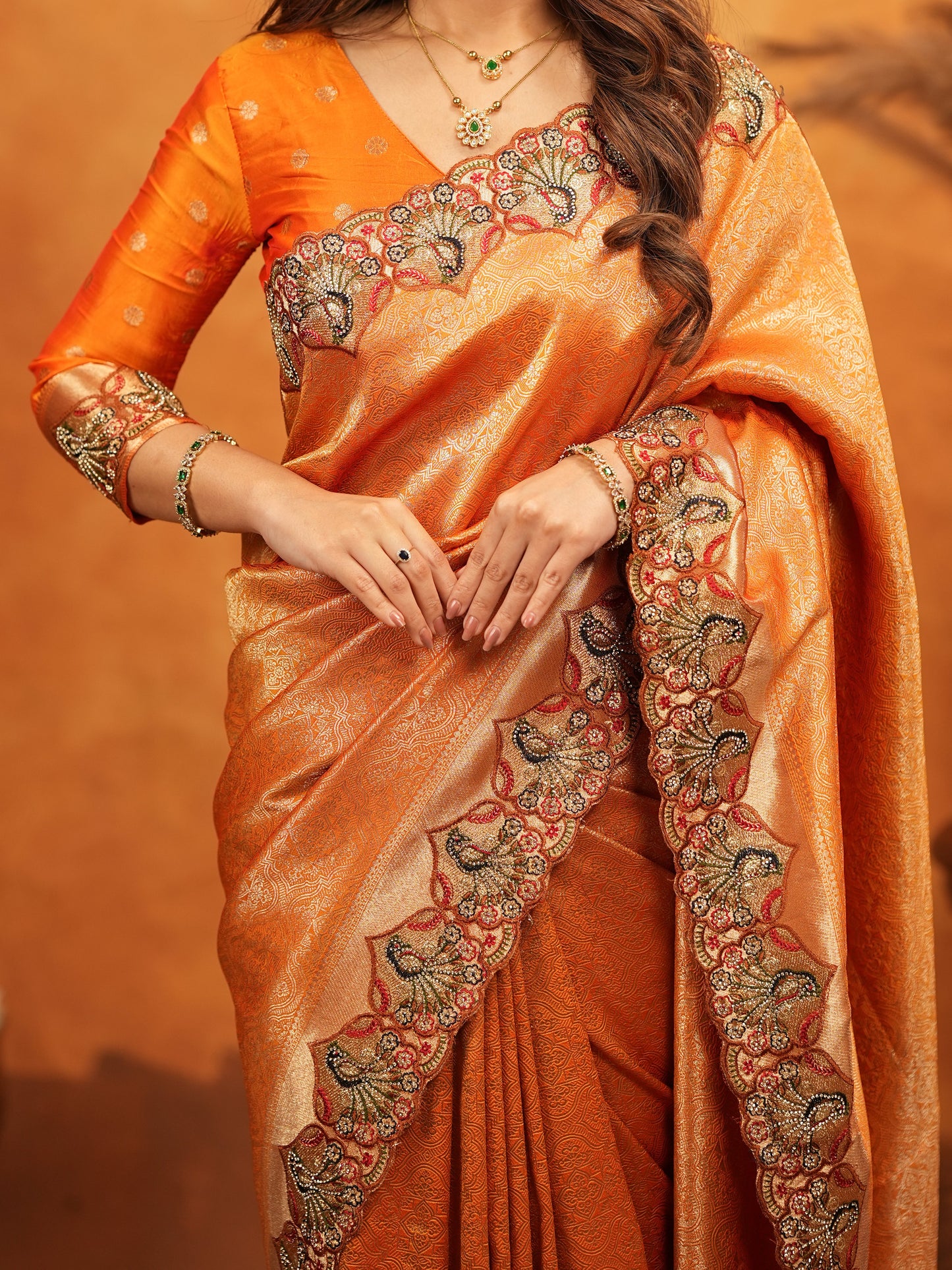 Rust Orange Banarasi Silk Embroidered Saree with Royal Floral Border & Zari Weaving | Heavy Embroidered Blouse with Tassels | Wedding & Festive Wear Saree