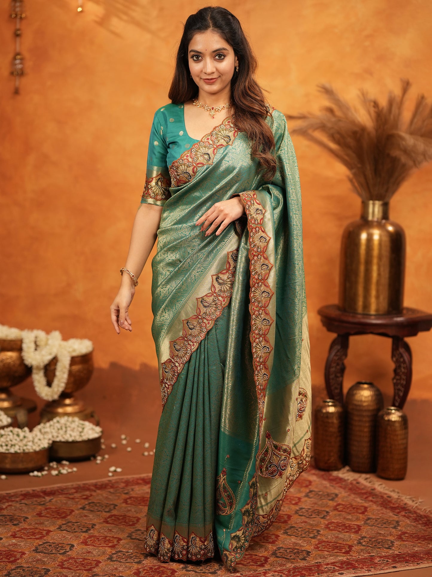 Teal Green Banarasi Silk Embroidered Saree with Royal Paisley Border & Zari Weaving | Heavy Embroidered Blouse with Tassels | Wedding & Festive Wear Saree
