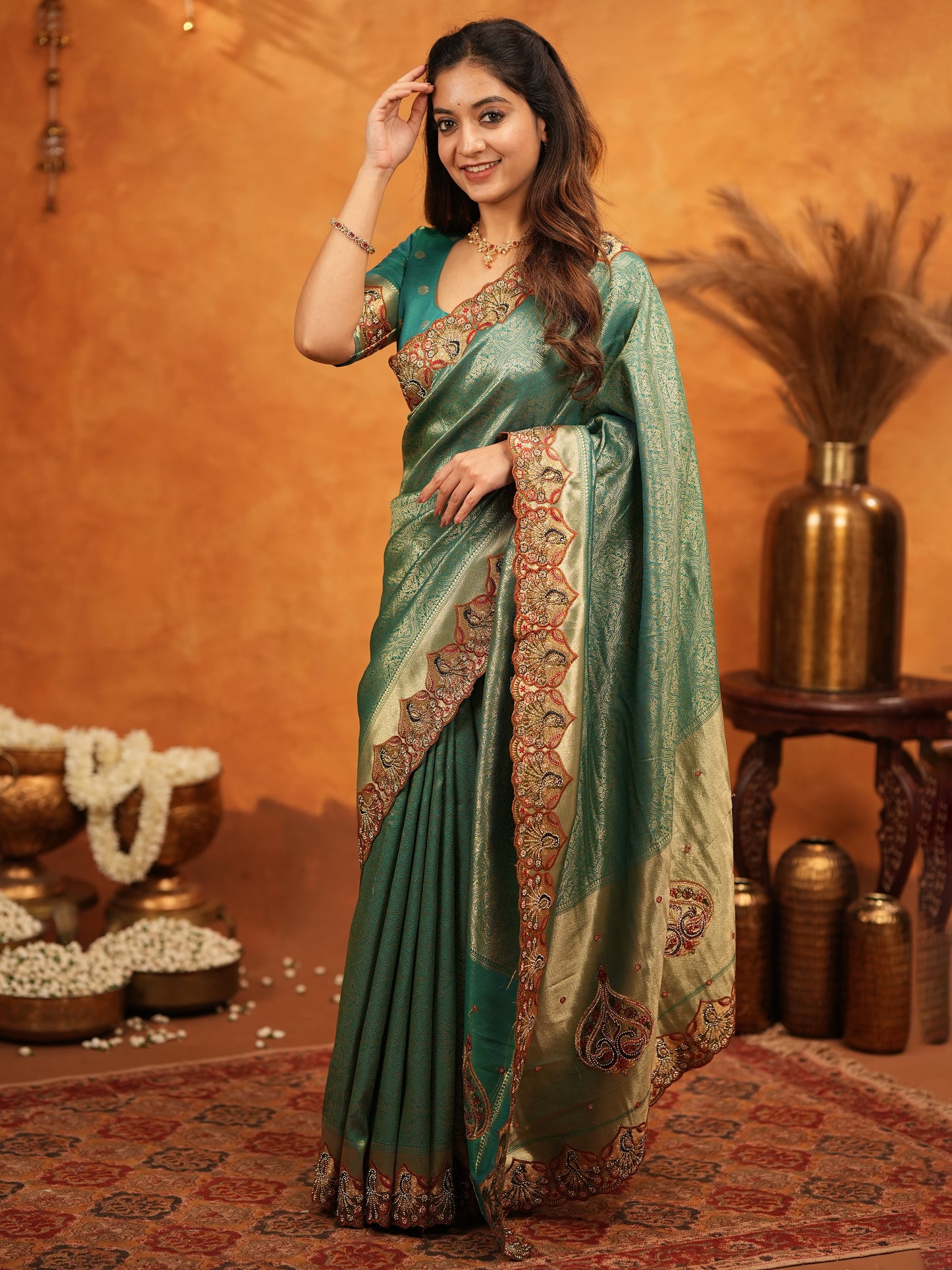 Teal Green Banarasi Silk Embroidered Saree with Royal Paisley Border & Zari Weaving | Heavy Embroidered Blouse with Tassels | Wedding & Festive Wear Saree
