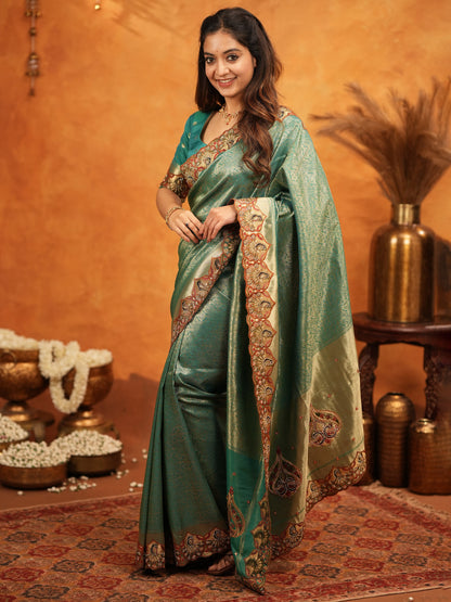 Teal Green Banarasi Silk Embroidered Saree with Royal Paisley Border & Zari Weaving | Heavy Embroidered Blouse with Tassels | Wedding & Festive Wear Saree