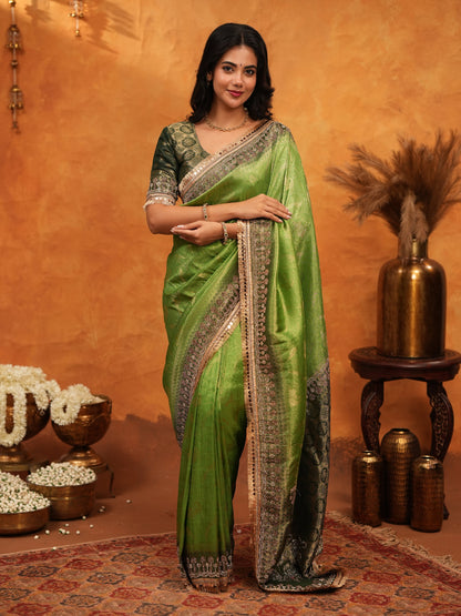 Elegant Parrot Green Banarasi Silk Saree with Rich Zari Border & Contrast Blouse | Designer Wedding & Festive Wear Saree