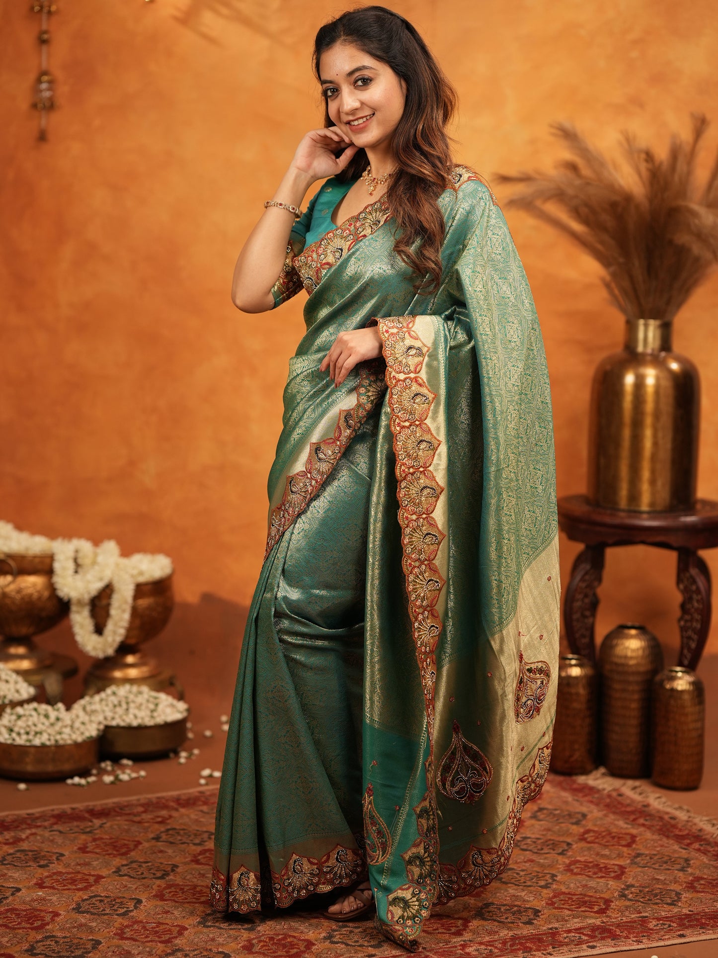 Teal Green Banarasi Silk Embroidered Saree with Royal Paisley Border & Zari Weaving | Heavy Embroidered Blouse with Tassels | Wedding & Festive Wear Saree