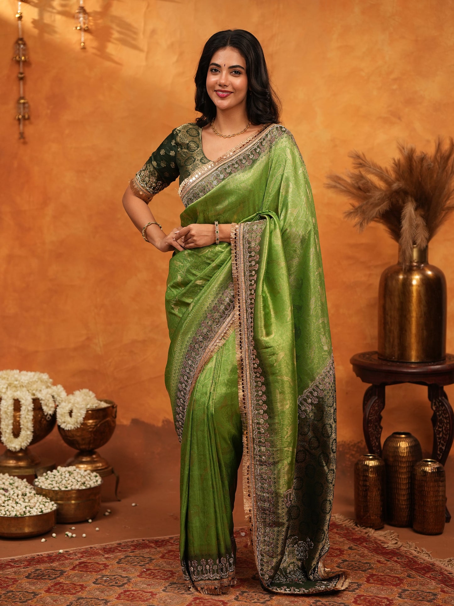 Elegant Parrot Green Banarasi Silk Saree with Rich Zari Border & Contrast Blouse | Designer Wedding & Festive Wear Saree