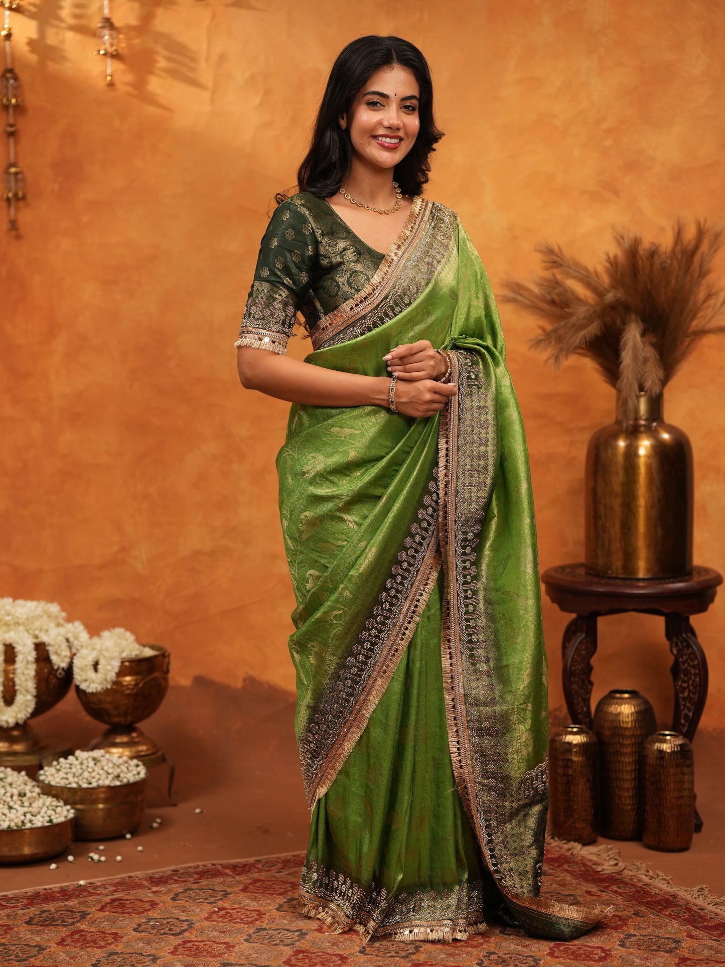 Elegant Parrot Green Banarasi Silk Saree with Rich Zari Border & Contrast Blouse | Designer Wedding & Festive Wear Saree