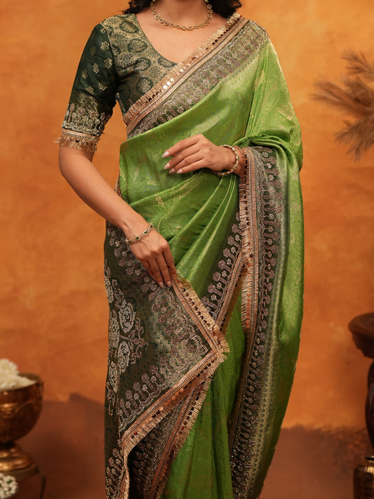 Elegant Parrot Green Banarasi Silk Saree with Rich Zari Border & Contrast Blouse | Designer Wedding & Festive Wear Saree