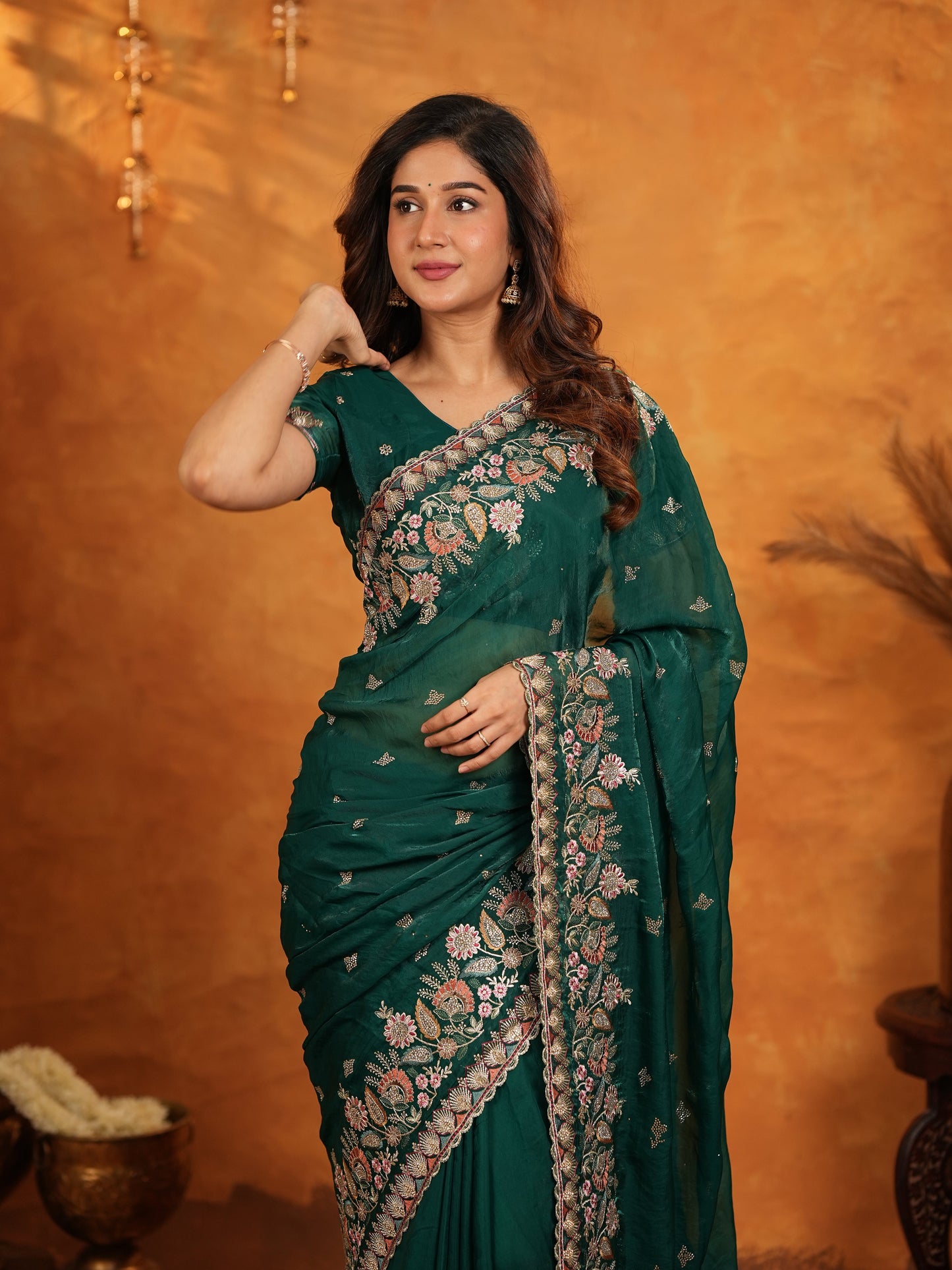 Emerald Green Fendy Satin Embroidered Saree with Heavy Floral Border & Tassels | Designer Saree with Rich Embroidered Blouse