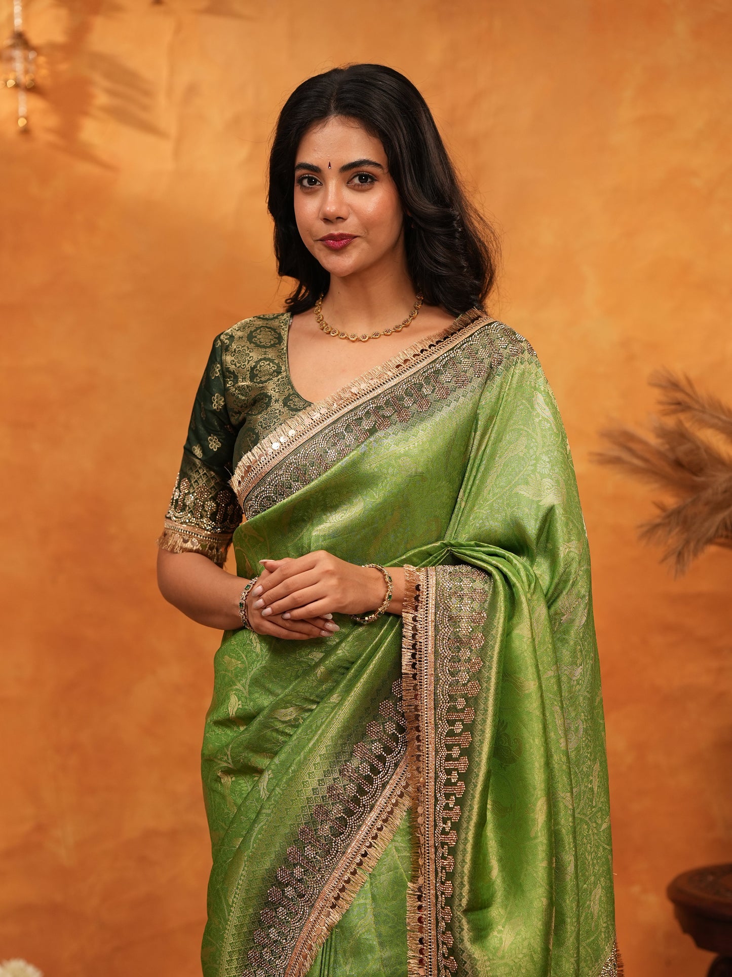 Elegant Parrot Green Banarasi Silk Saree with Rich Zari Border & Contrast Blouse | Designer Wedding & Festive Wear Saree