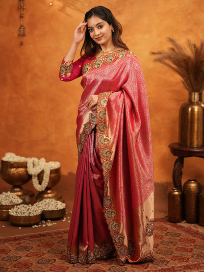 Rani Pink Banarasi Silk Saree with Rich Zari Weaving & Heavy Embroidered Border | Designer Wedding Wear Saree with Embroidered Blouse & Tassels