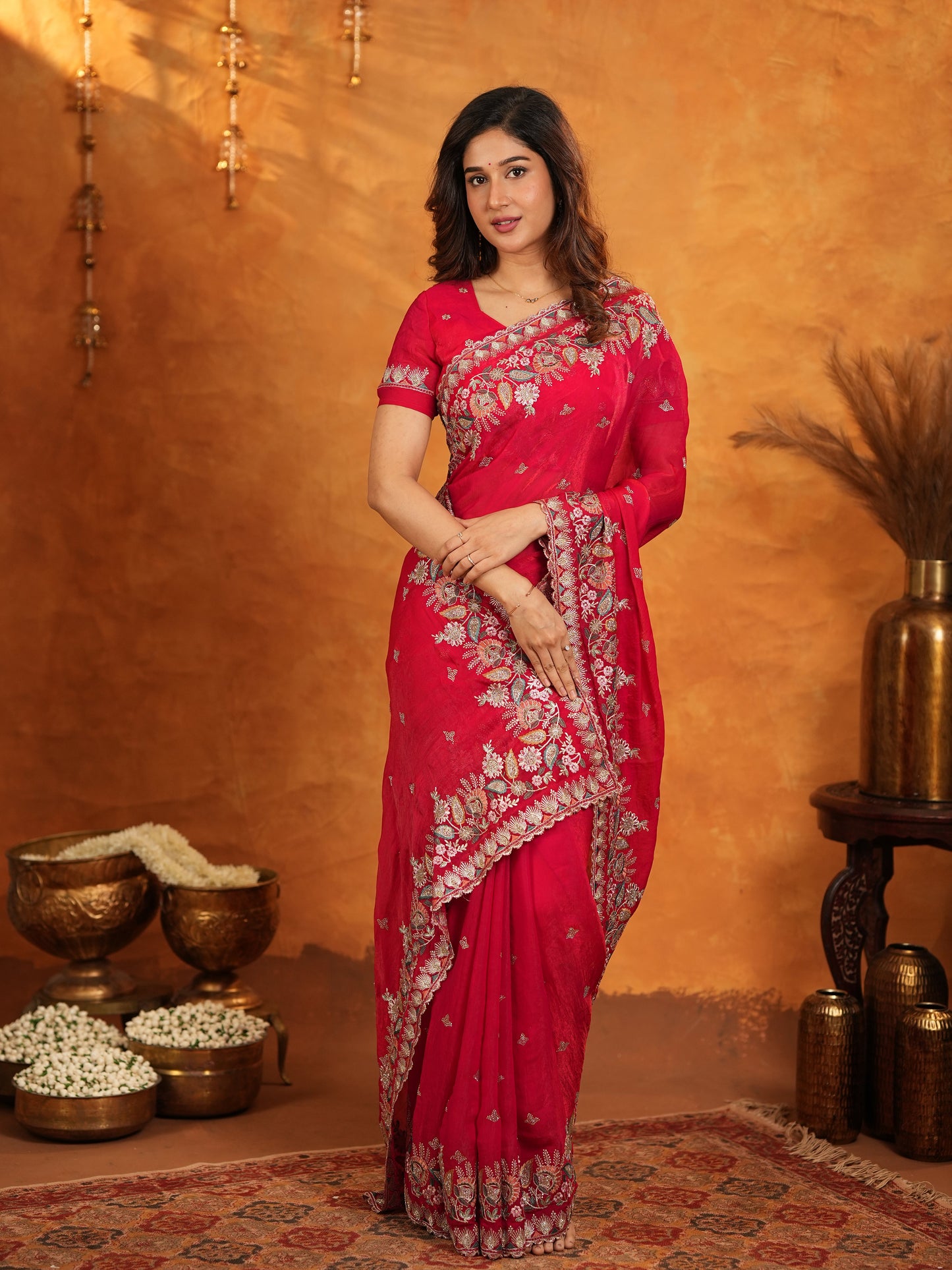 Rani Pink Fendy Satin Embroidered Saree with Heavy Floral Border & Designer Pallu | Festive Party Wear Saree with Embroidered Blouse