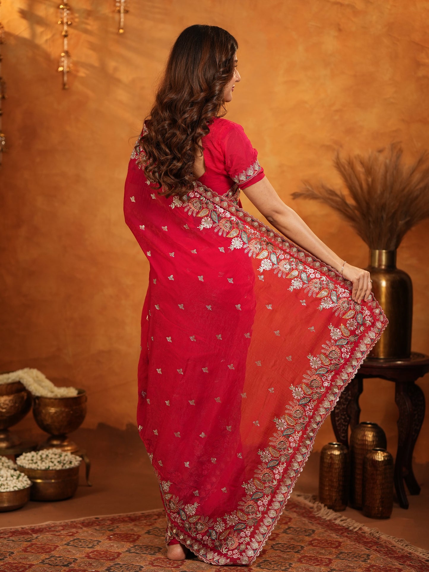 Rani Pink Fendy Satin Embroidered Saree with Heavy Floral Border & Designer Pallu | Festive Party Wear Saree with Embroidered Blouse