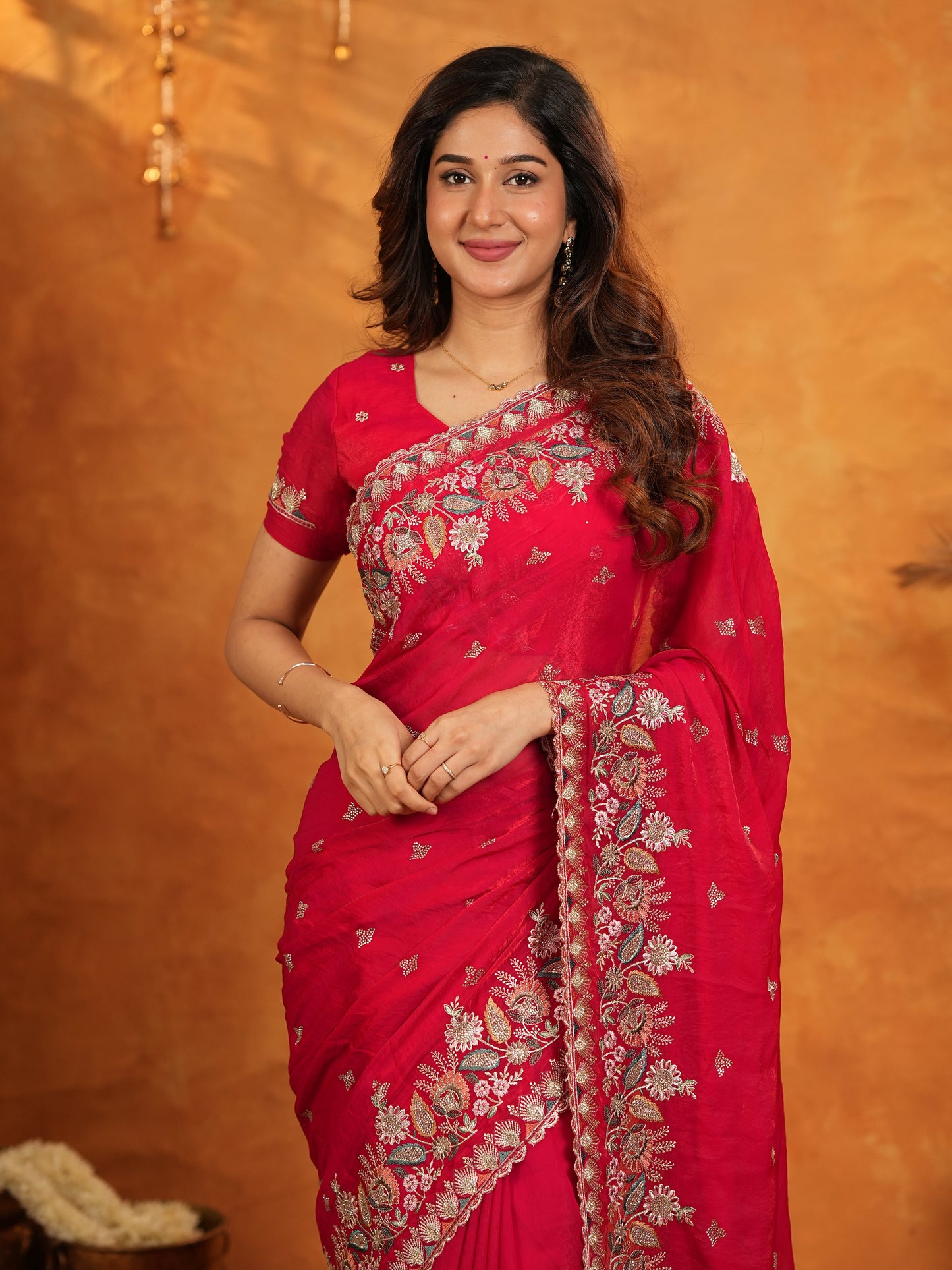 Rani Pink Fendy Satin Embroidered Saree with Heavy Floral Border & Designer Pallu | Festive Party Wear Saree with Embroidered Blouse