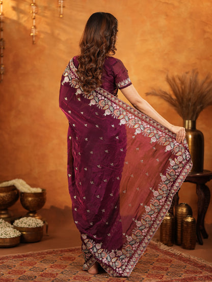 Deep Wine Purple Fendy Satin Embroidered Saree with Heavy Floral Border & Tassels | Designer Saree with Rich Embroidered Blouse