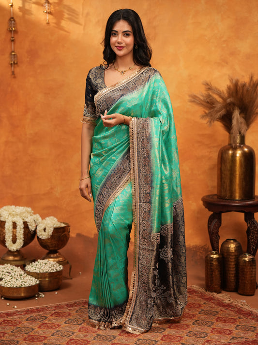 Teal Green & Black Banarasi Silk Saree with Rich Zari Border & Grand Contrast Pallu | Designer Wedding & Festive Wear Saree