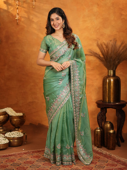 Elegant Mehendi Green Fendy Satin Embroidered Saree with Heavy Floral Border & Designer Pallu | Festive Wear Saree with Embroidered Blouse