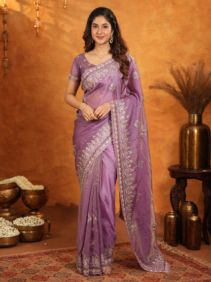 Lavender Purple Fendy Satin Embroidered Saree with Heavy Floral Border & Designer Pallu | Elegant Party Wear Saree with Embroidered Blouse