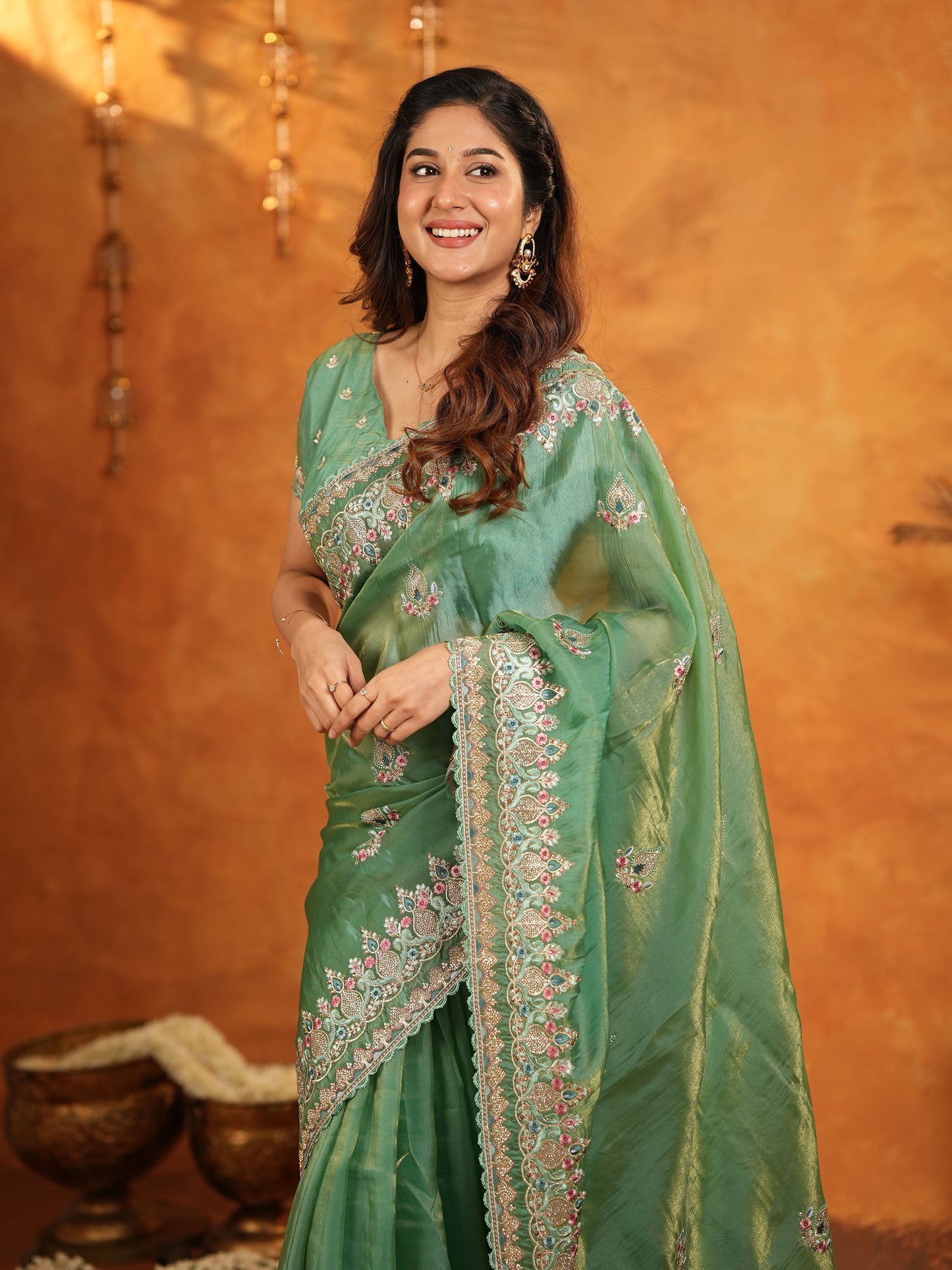 Elegant Mehendi Green Fendy Satin Embroidered Saree with Heavy Floral Border & Designer Pallu | Festive Wear Saree with Embroidered Blouse