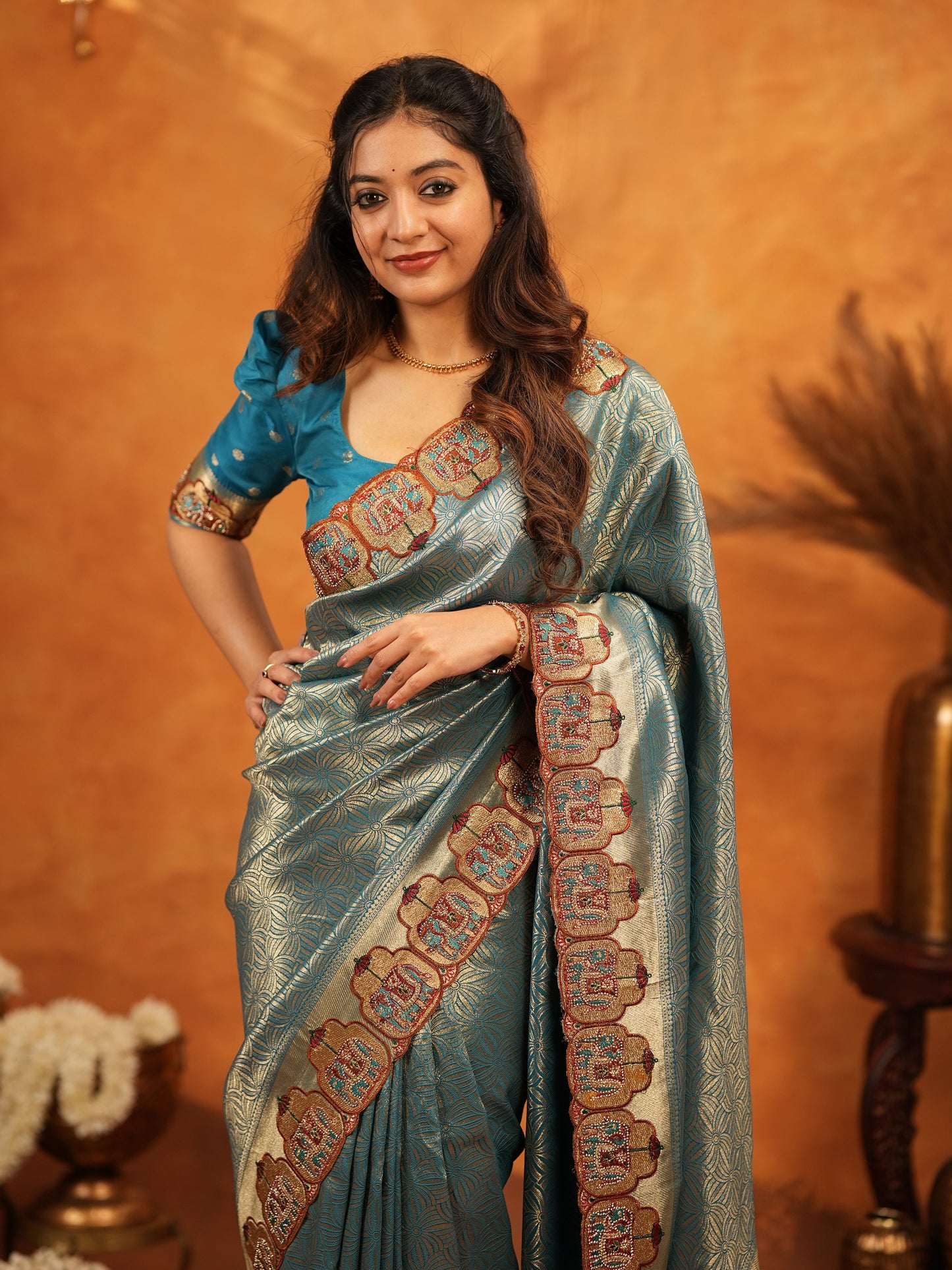 Teal Blue Banarasi Silk Saree with All-Over Zari Weaving & Ornamental Embroidered Border | Designer Wedding & Festive Wear Saree with Blouse