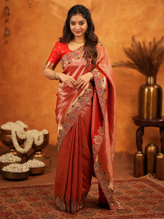 Tomato Red Banarasi Silk Saree with Rich Zari Weaving & Designer Embroidered Border | Elegant Wedding & Festive Wear Saree with Blouse & Tassels