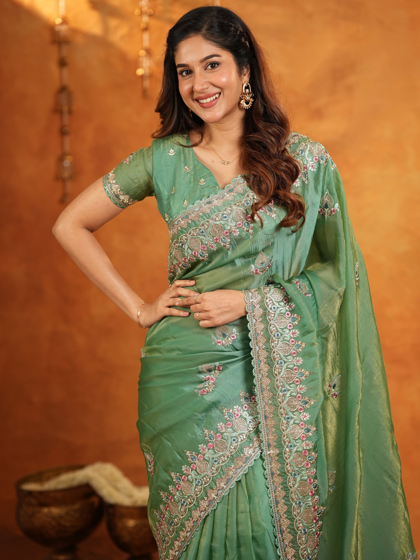 Elegant Mehendi Green Fendy Satin Embroidered Saree with Heavy Floral Border & Designer Pallu | Festive Wear Saree with Embroidered Blouse