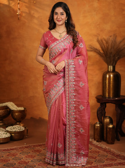 Dusty Rose Pink Fendy Satin Embroidered Saree with Heavy Floral Border & Designer Pallu | Elegant Festive Wear Saree with Embroidered Blouse