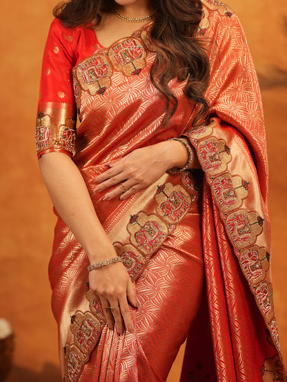 Tomato Red Banarasi Silk Saree with Rich Zari Weaving & Designer Embroidered Border | Elegant Wedding & Festive Wear Saree with Blouse & Tassels