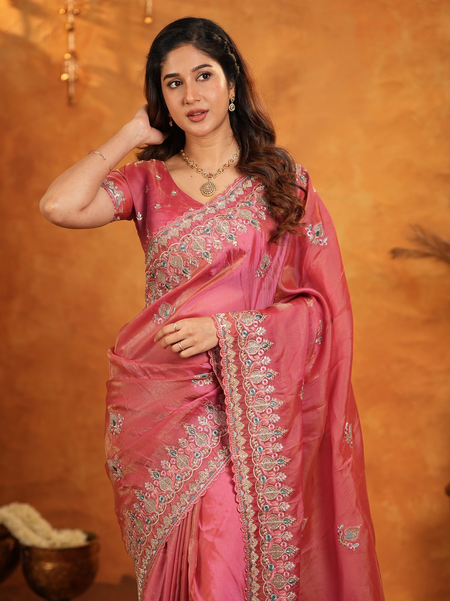 Dusty Rose Pink Fendy Satin Embroidered Saree with Heavy Floral Border & Designer Pallu | Elegant Festive Wear Saree with Embroidered Blouse