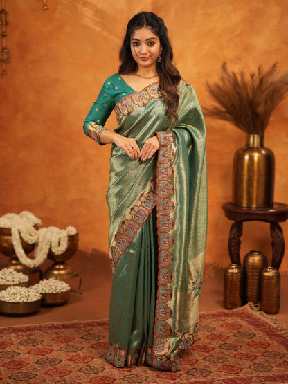 Bottle Green Banarasi Silk Saree with All-Over Zari Weaving & Designer Embroidered Border | Premium Wedding & Festive Wear Saree with Blouse & Tassels