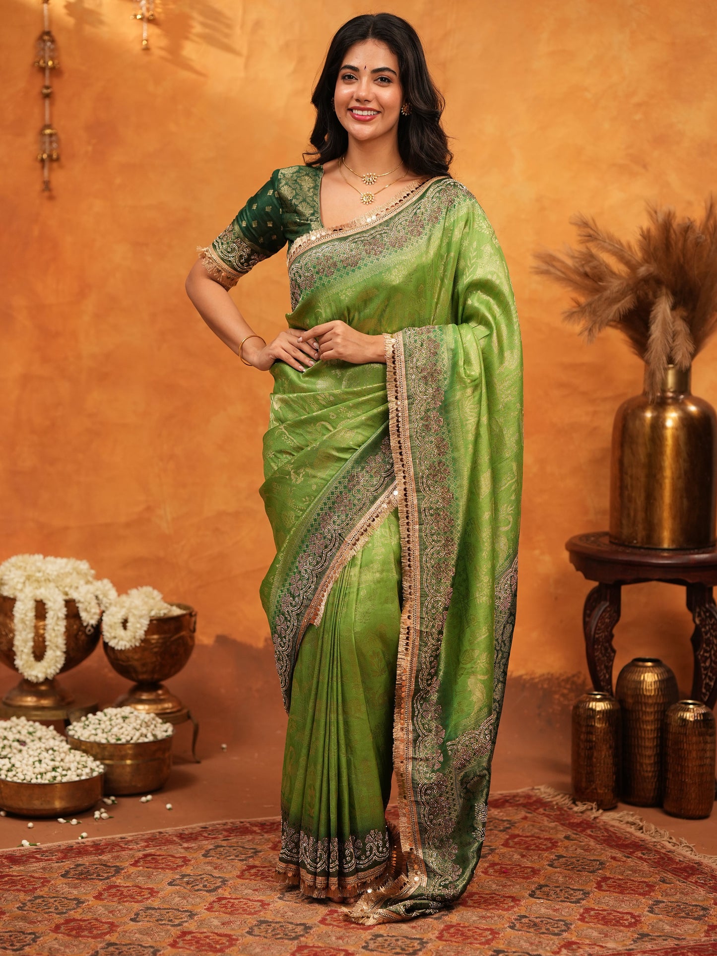 Emerald Green Banarasi Silk Saree with Intricate Zari Border & Rich Woven Pallu | Designer Festive & Wedding Wear Saree
