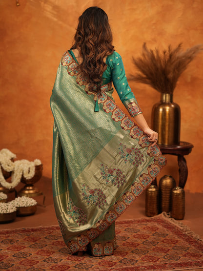 Bottle Green Banarasi Silk Saree with All-Over Zari Weaving & Designer Embroidered Border | Premium Wedding & Festive Wear Saree with Blouse & Tassels