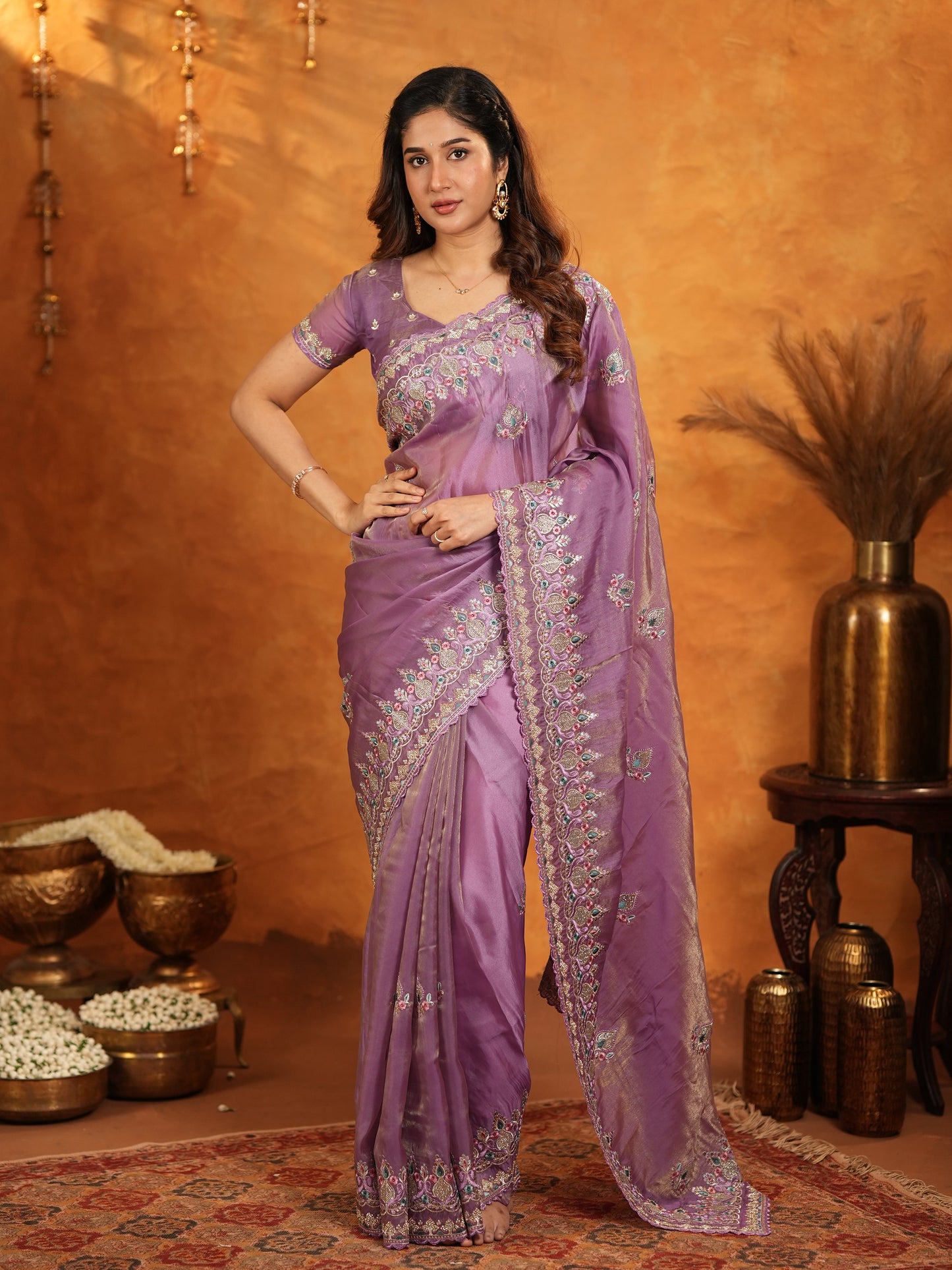 Lavender Purple Fendy Satin Embroidered Saree with Heavy Floral Border & Designer Pallu | Elegant Party Wear Saree with Embroidered Blouse