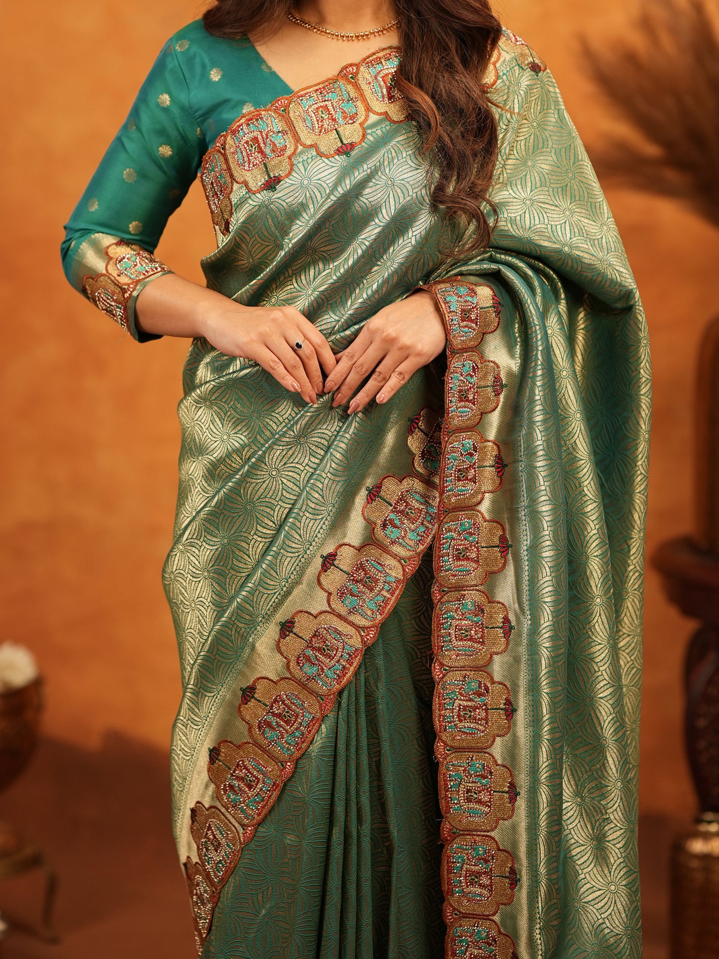 Bottle Green Banarasi Silk Saree with All-Over Zari Weaving & Designer Embroidered Border | Premium Wedding & Festive Wear Saree with Blouse & Tassels