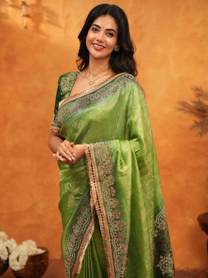 Emerald Green Banarasi Silk Saree with Intricate Zari Border & Rich Woven Pallu | Designer Festive & Wedding Wear Saree