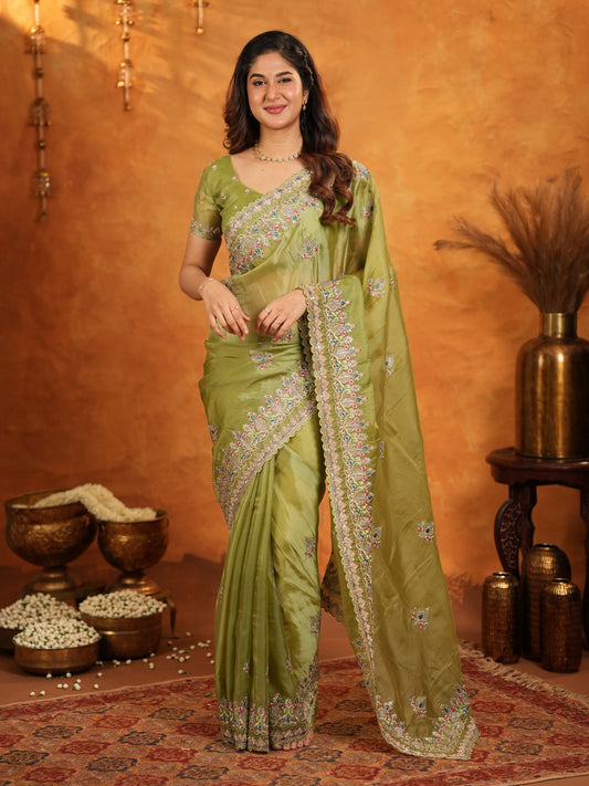 Olive Green Fendy Satin Embroidered Saree with Heavy Floral Border & Designer Pallu | Elegant Festive Wear Saree with Embroidered Blouse