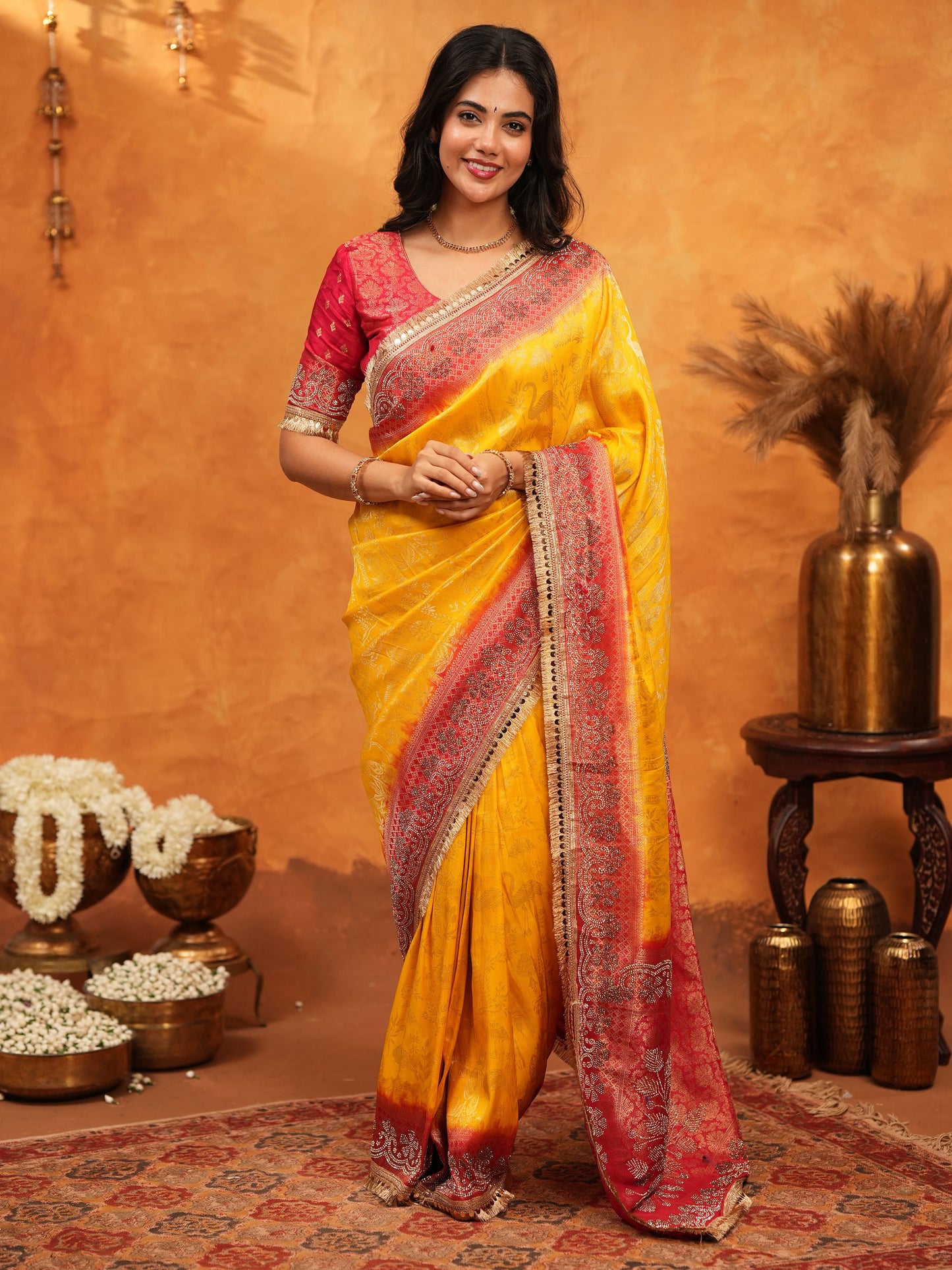 Sunshine Yellow & Red Banarasi Silk Saree with Rich Zari Border & Contrast Pallu | Designer Festive & Wedding Wear Saree