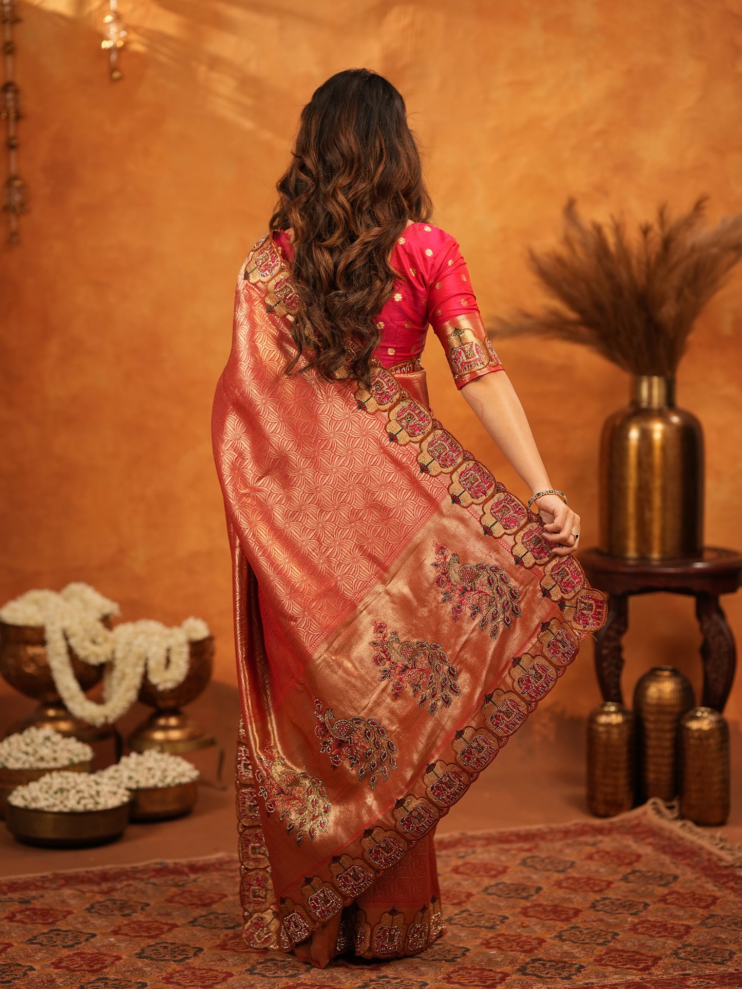 Deep Coral Red Banarasi Silk Saree with All-Over Zari Weaving & Designer Embroidered Border | Elegant Wedding & Festive Wear Saree with Blouse & Tassels