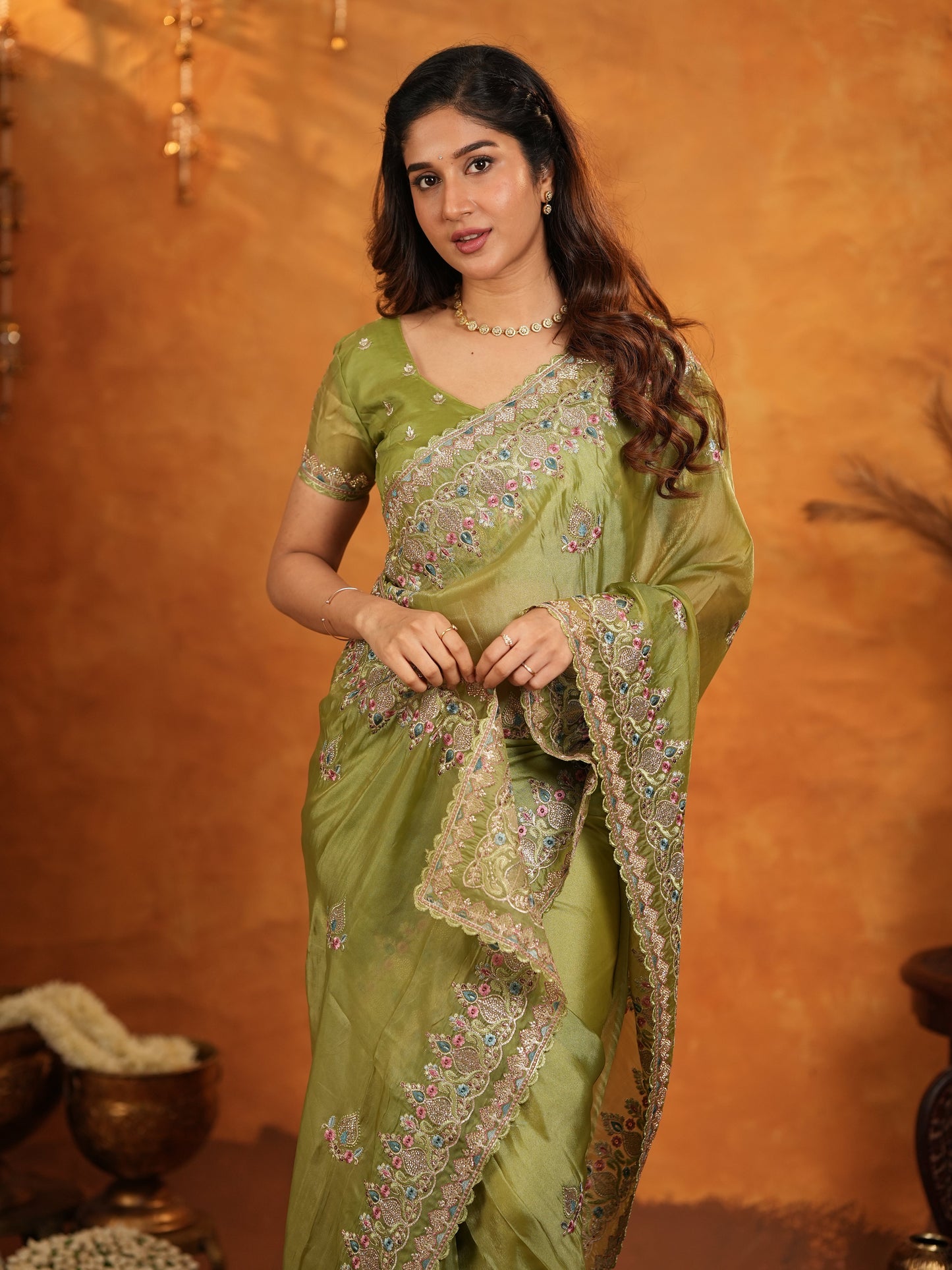 Olive Green Fendy Satin Embroidered Saree with Heavy Floral Border & Designer Pallu | Elegant Festive Wear Saree with Embroidered Blouse