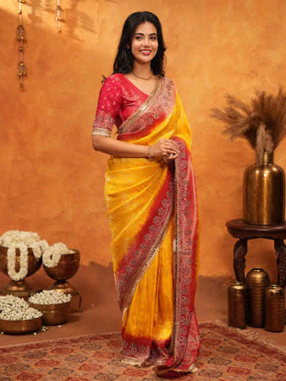 Sunshine Yellow & Red Banarasi Silk Saree with Rich Zari Border & Contrast Pallu | Designer Festive & Wedding Wear Saree