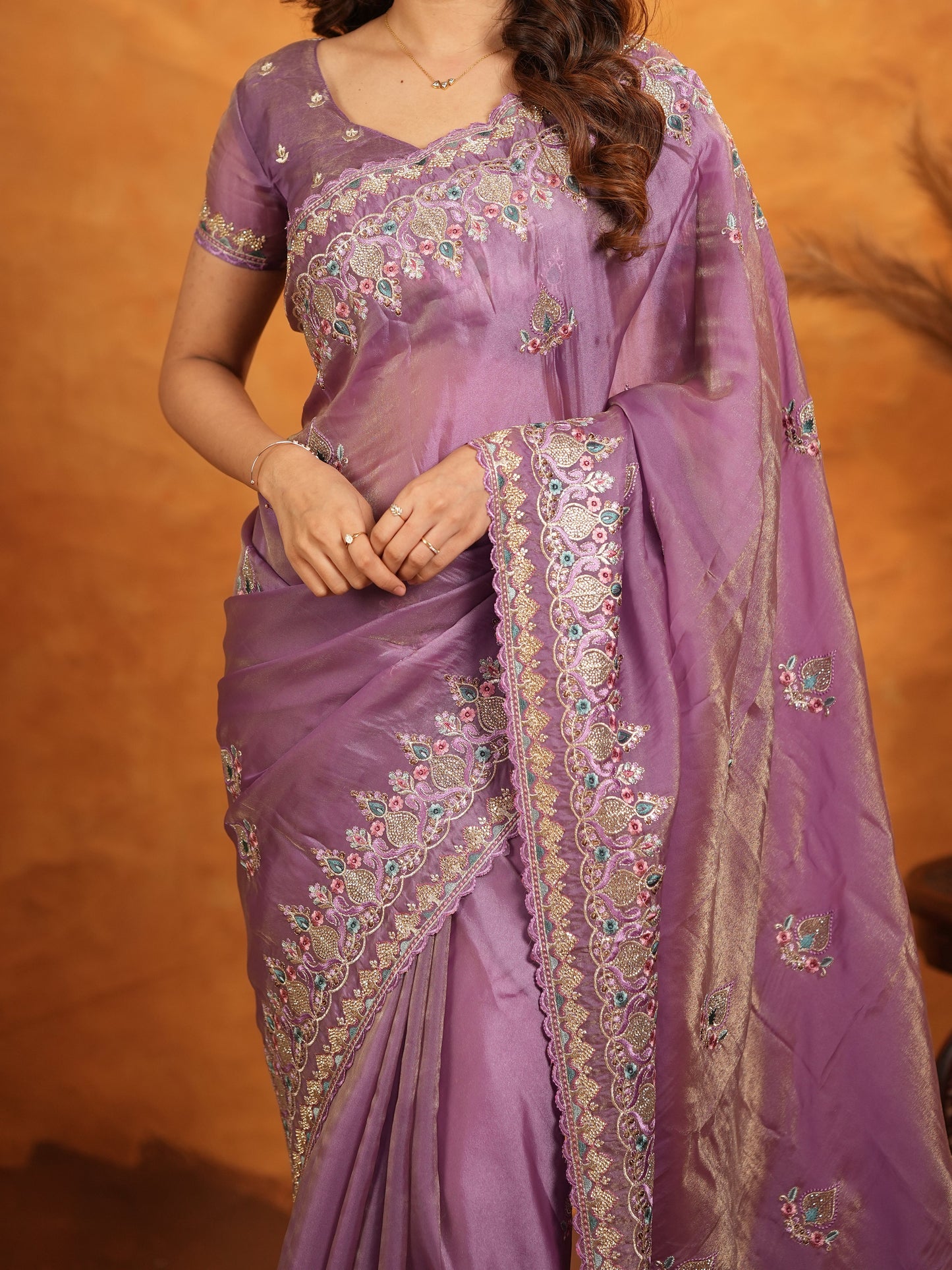 Lavender Purple Fendy Satin Embroidered Saree with Heavy Floral Border & Designer Pallu | Elegant Party Wear Saree with Embroidered Blouse