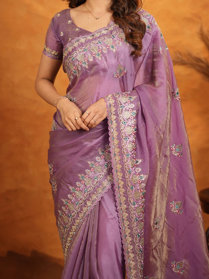 Lavender Purple Fendy Satin Embroidered Saree with Heavy Floral Border & Designer Pallu | Elegant Party Wear Saree with Embroidered Blouse
