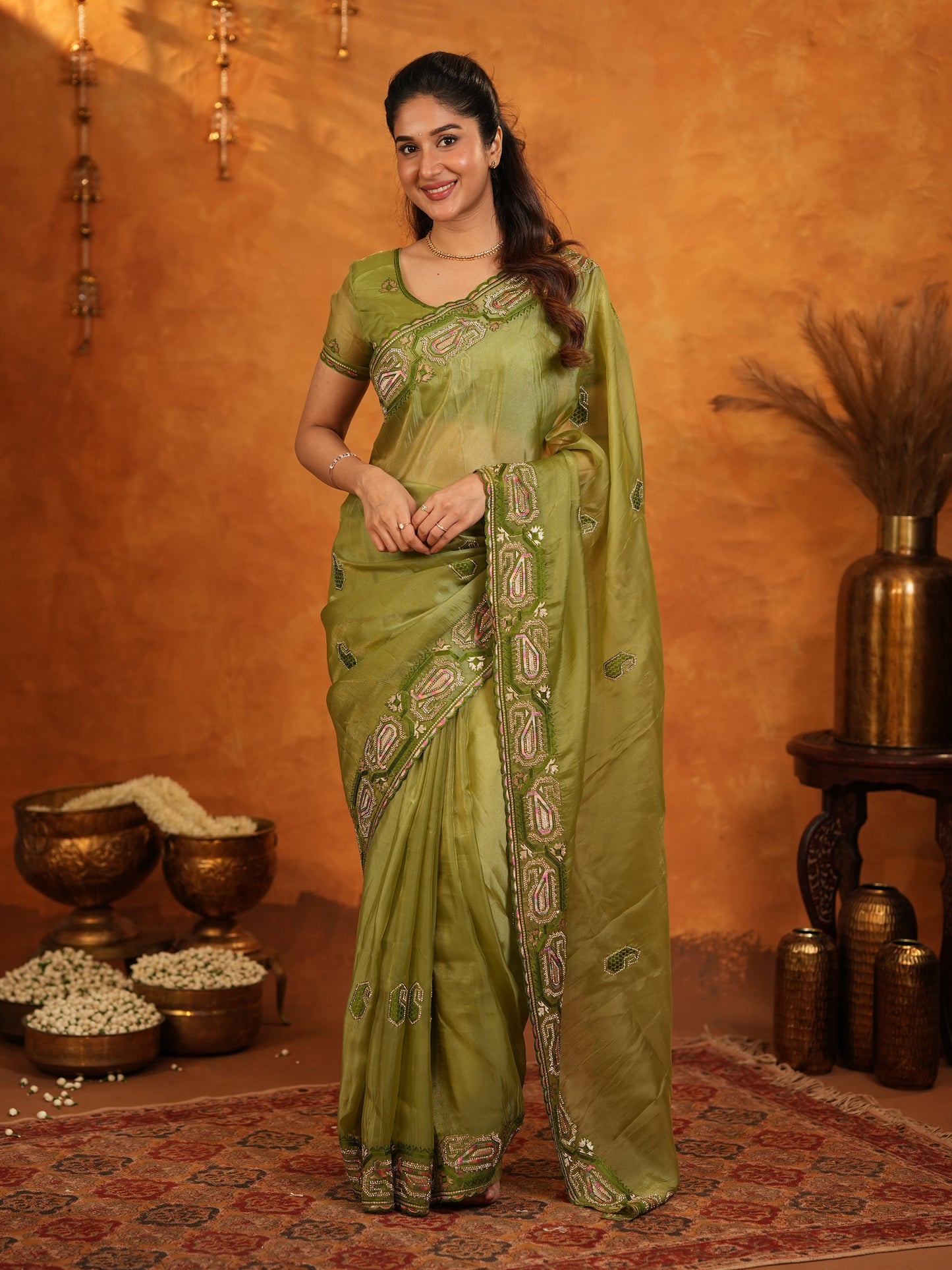 Olive Green Fendy Satin Embroidered Saree with Geometric Border & Elegant Designer Pallu | Festive & Wedding Wear Saree with Blouse