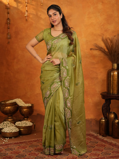 Olive Green Fendy Satin Embroidered Saree with Geometric Border & Elegant Designer Pallu | Festive & Wedding Wear Saree with Blouse
