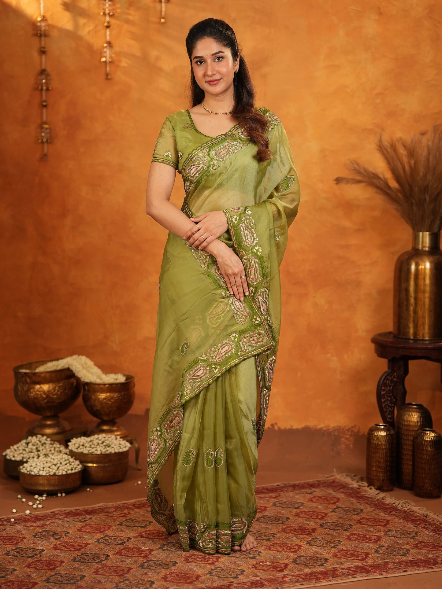 Olive Green Fendy Satin Embroidered Saree with Geometric Border & Elegant Designer Pallu | Festive & Wedding Wear Saree with Blouse