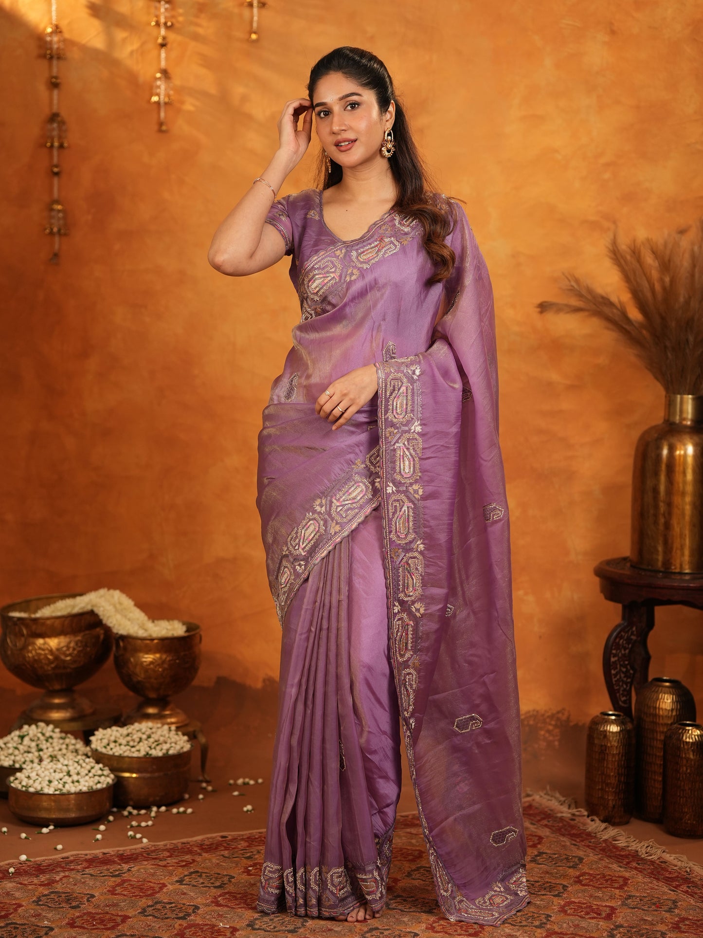 Lavender Purple Fendy Satin Embroidered Saree with Geometric Border & Elegant Designer Pallu | Festive & Wedding Wear Saree with Blouse